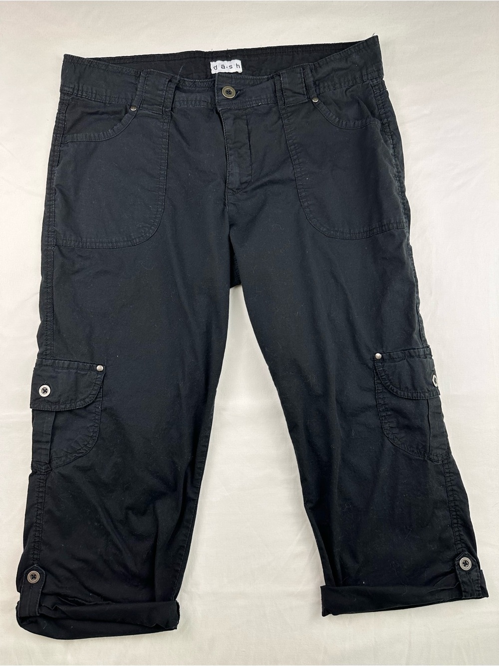 DA-SH Black Cargo Capri Pants Cropped Utility Mid Rise Y2K Gorpcore Stretch 10
